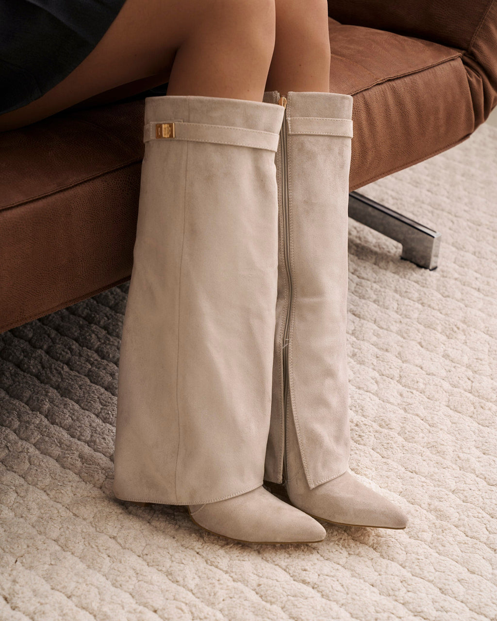 Women's Taupe Suede Knee-High Boots with Buckle & Hidden Heel