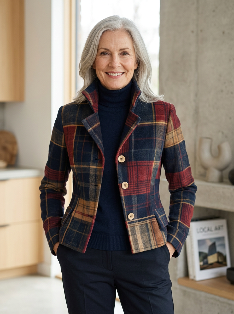 Mature woman wearing a plaid blazer with turtleneck